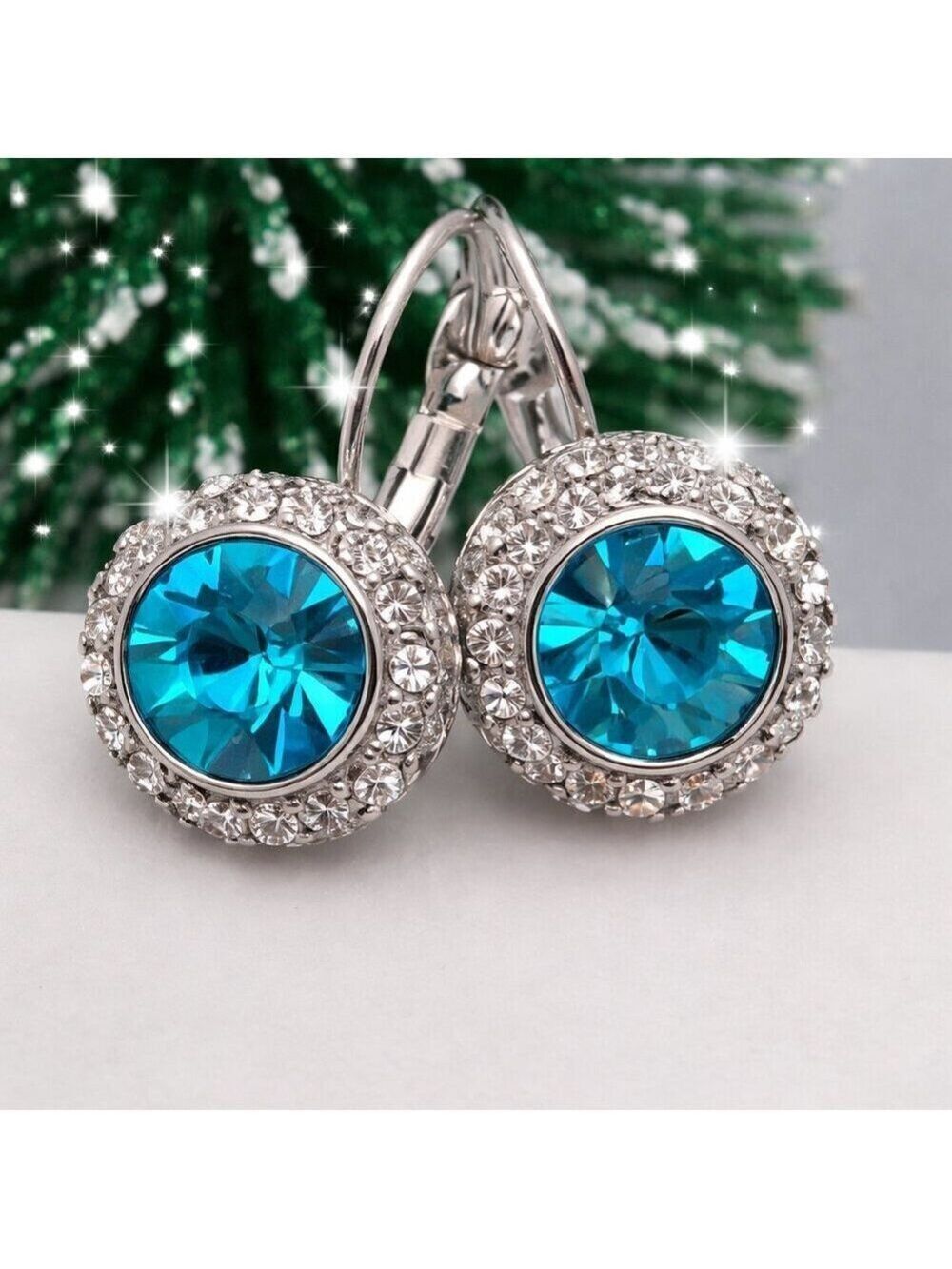 Crystal Drop Earrings Round Cut Leverback Sparkly Blue Turqiuoise Bridal Cute